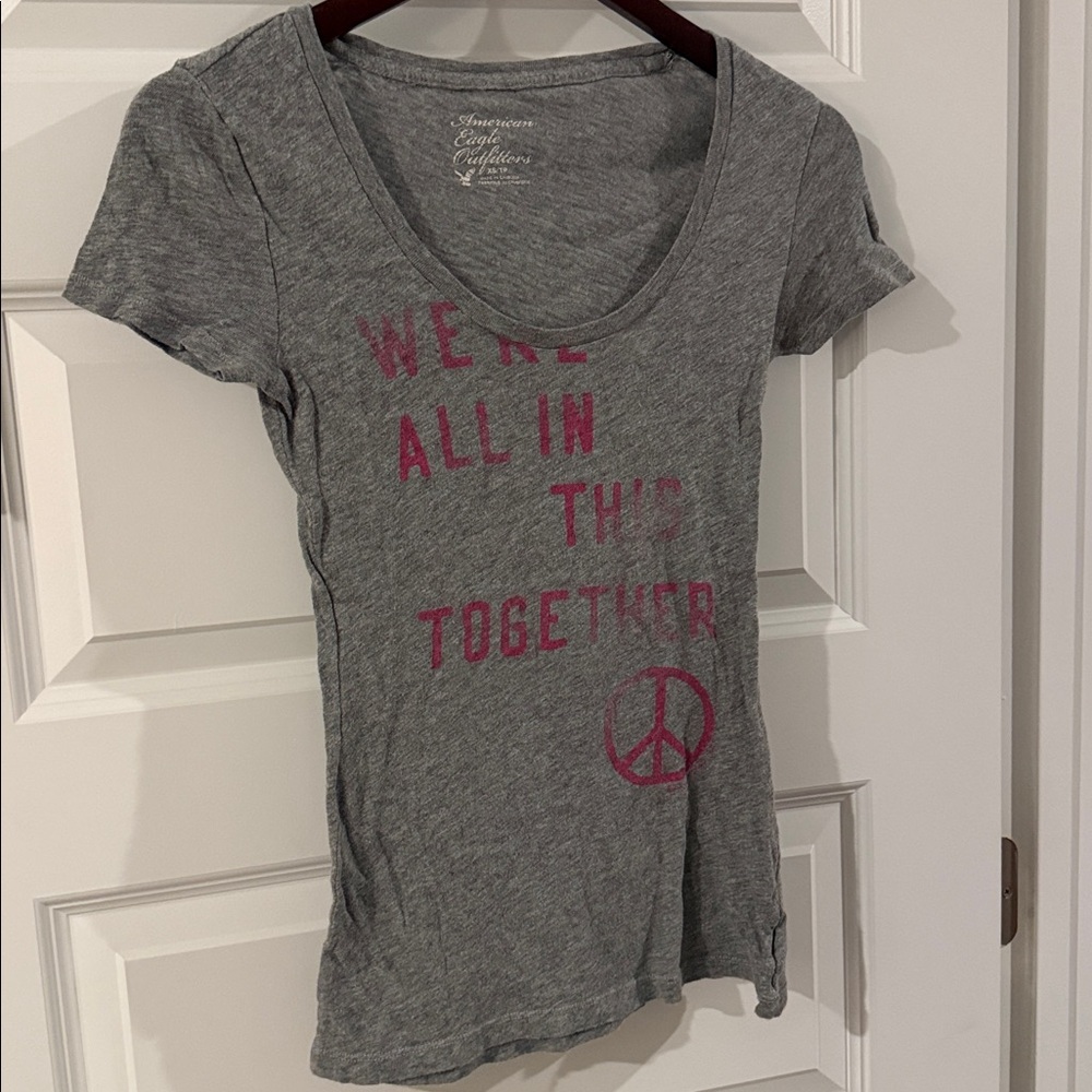 American Eagle Were All In This Together Peace Sign HEATHER Gray Pink tshirt XS
